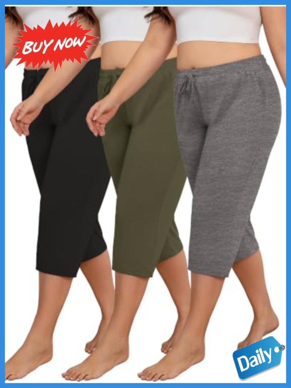 Plus Size Capri Sweatpants High Waist Drawstring Pockets 3 Pack